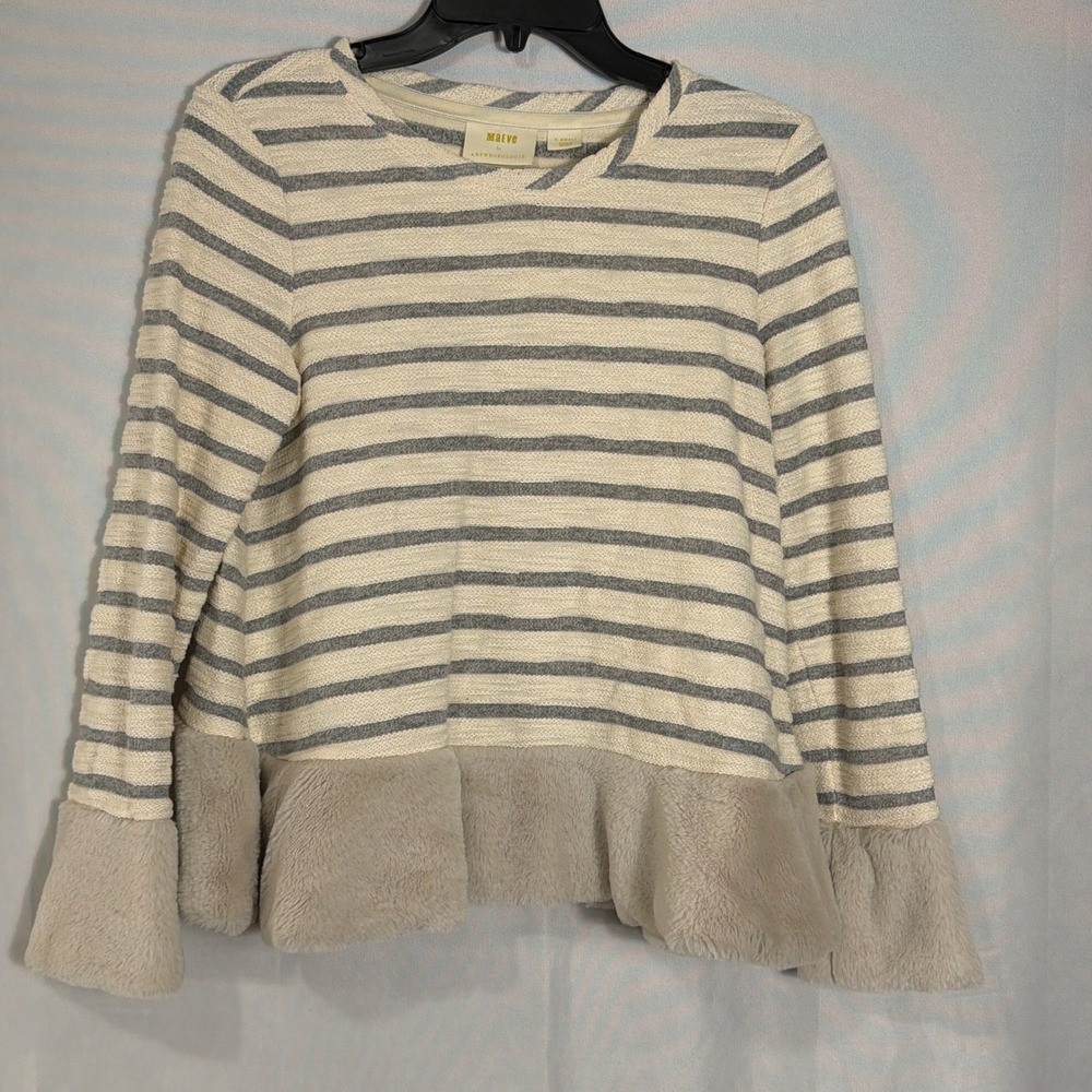 Maeve Top Anthropologie XS Faux Fur Trim Striped Long Sleeve Grey Cream Womens